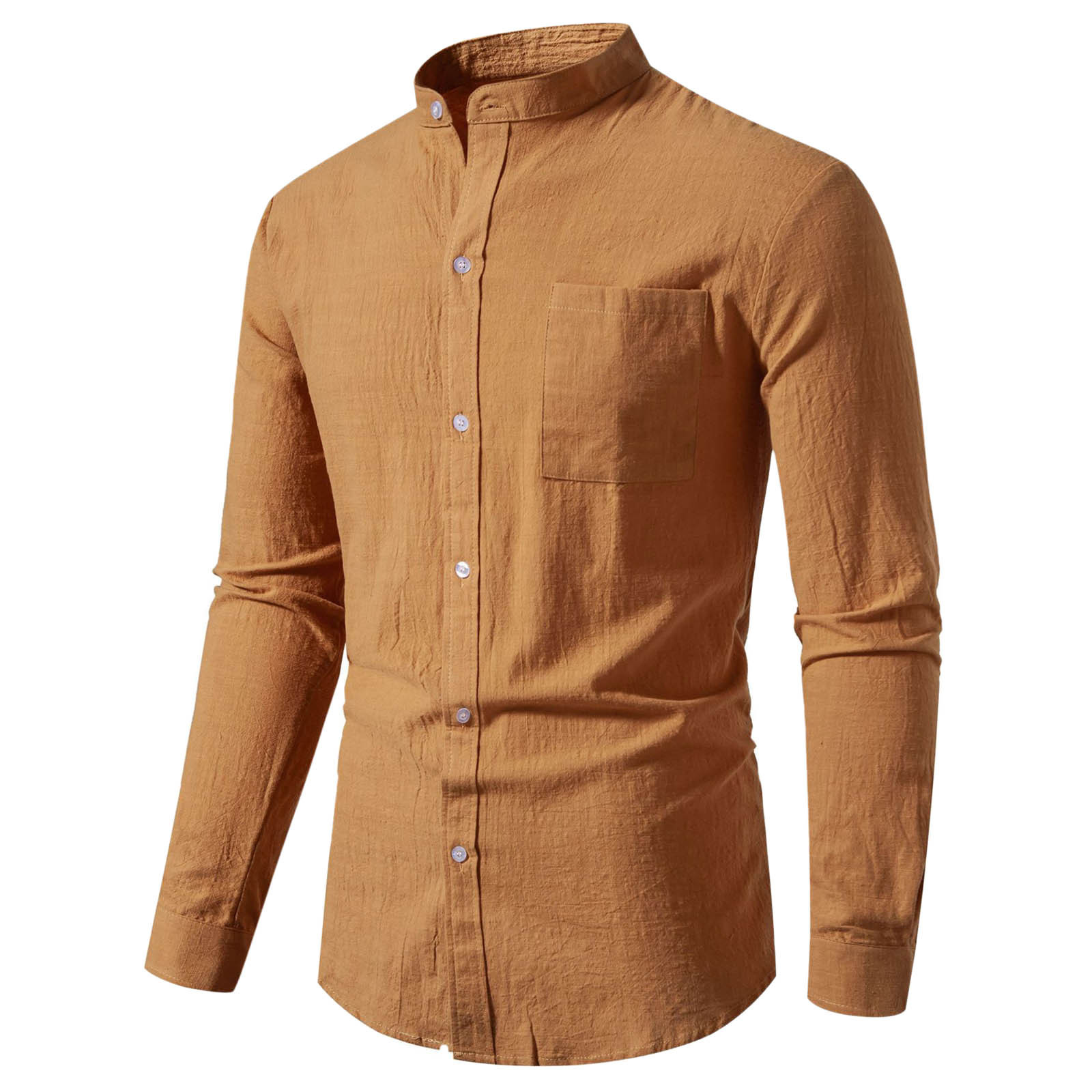 thumbnail image 2 of 2025 Camisa de manga larga de algodón y lino liso para hombre: corte holgado, botones, informal para la playa o acampadas, 2 of 8